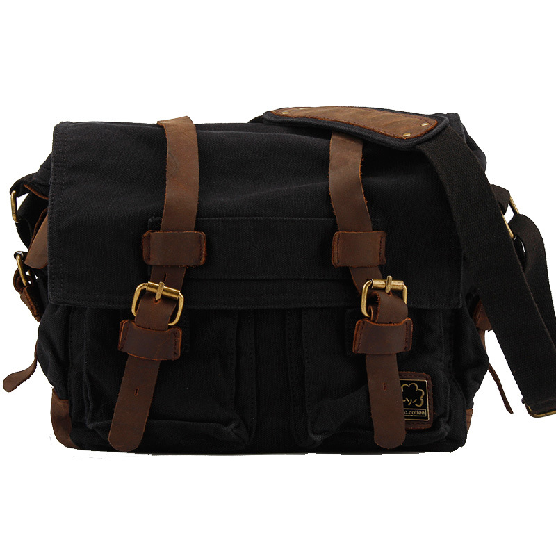 Men Casual Canvas Cowhide Big Crossbody Shoulder Bag