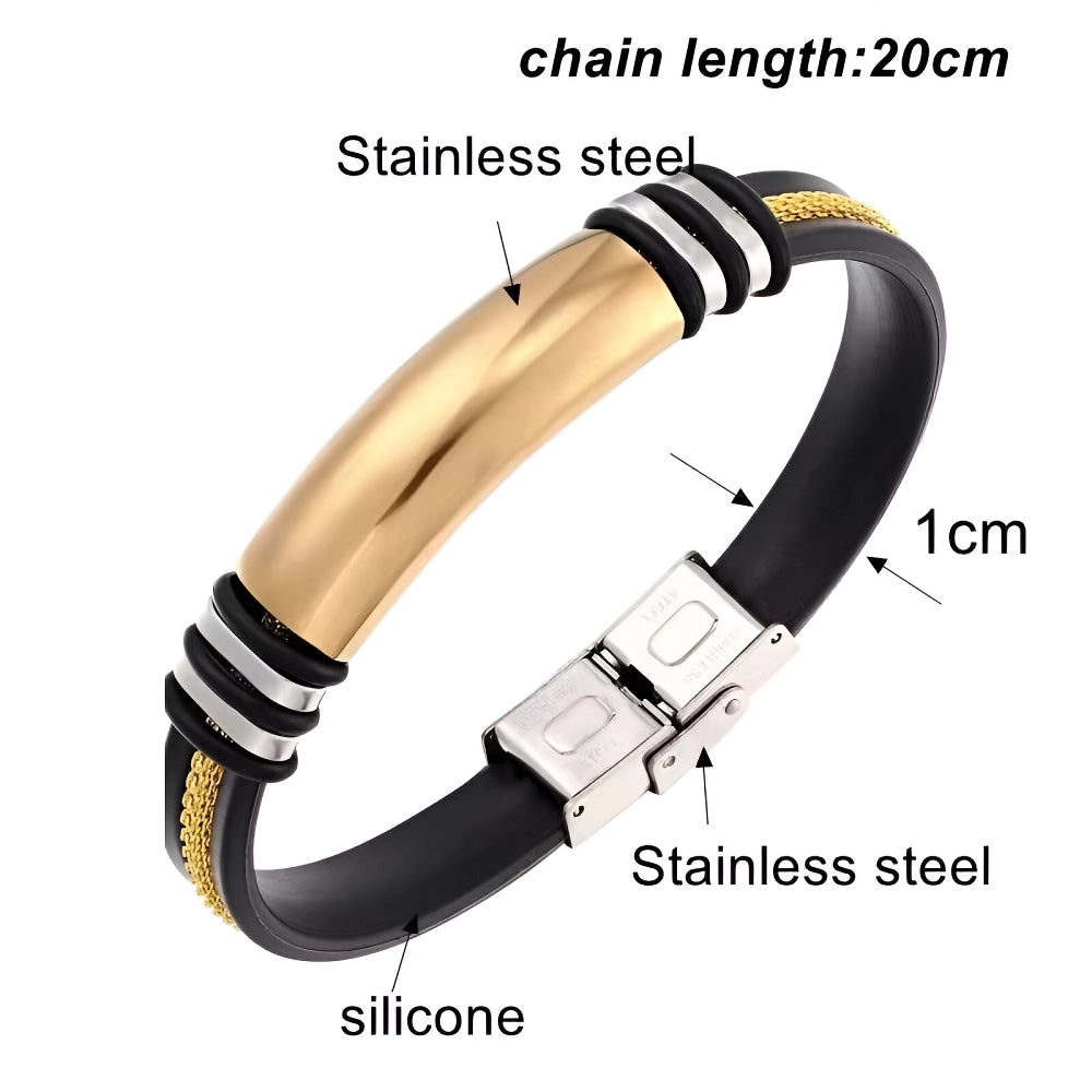 Stylish Men's Stainless Steel & Silicone Grooved Rudder Wristband