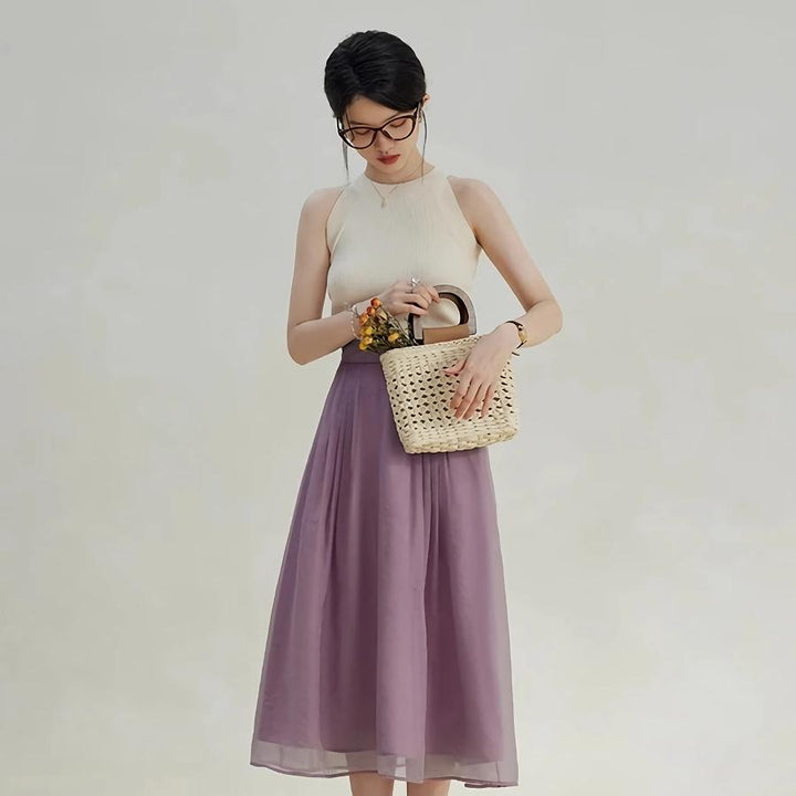 Elegant High-Waist A-Line Mid-Calf Skirt for Women