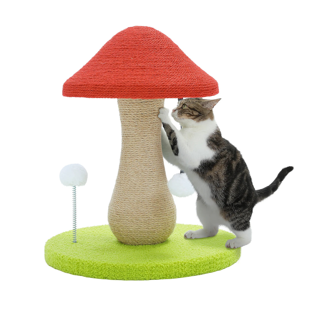 Cozy Mushroom Cat Scratching Post with Spring Ball Toy for Indoor Cats