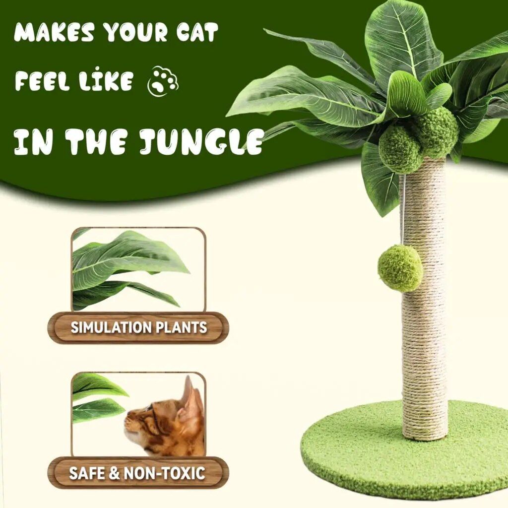 Green Leafy Cat Scratching Post with Sisal Rope and Playful Balls