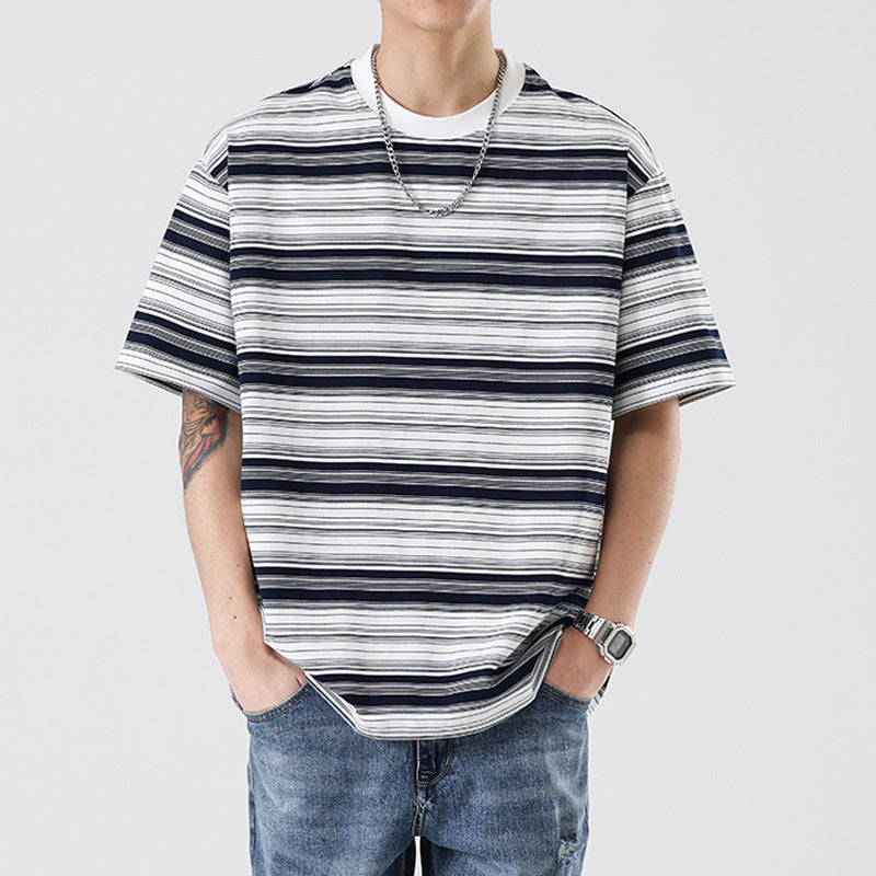 Retro Contrast Color Striped Teen T-shirt Men's Summer Basic All-matching