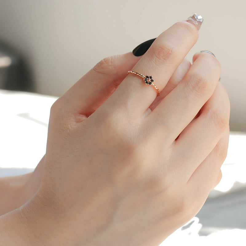 S925 Sterling Silver Ring Female Natural Black Agate