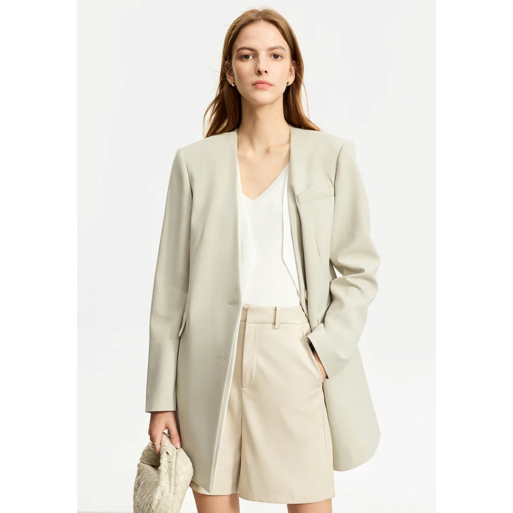 Elegant V-Neck Blazer with Belt and Shoulder Pads