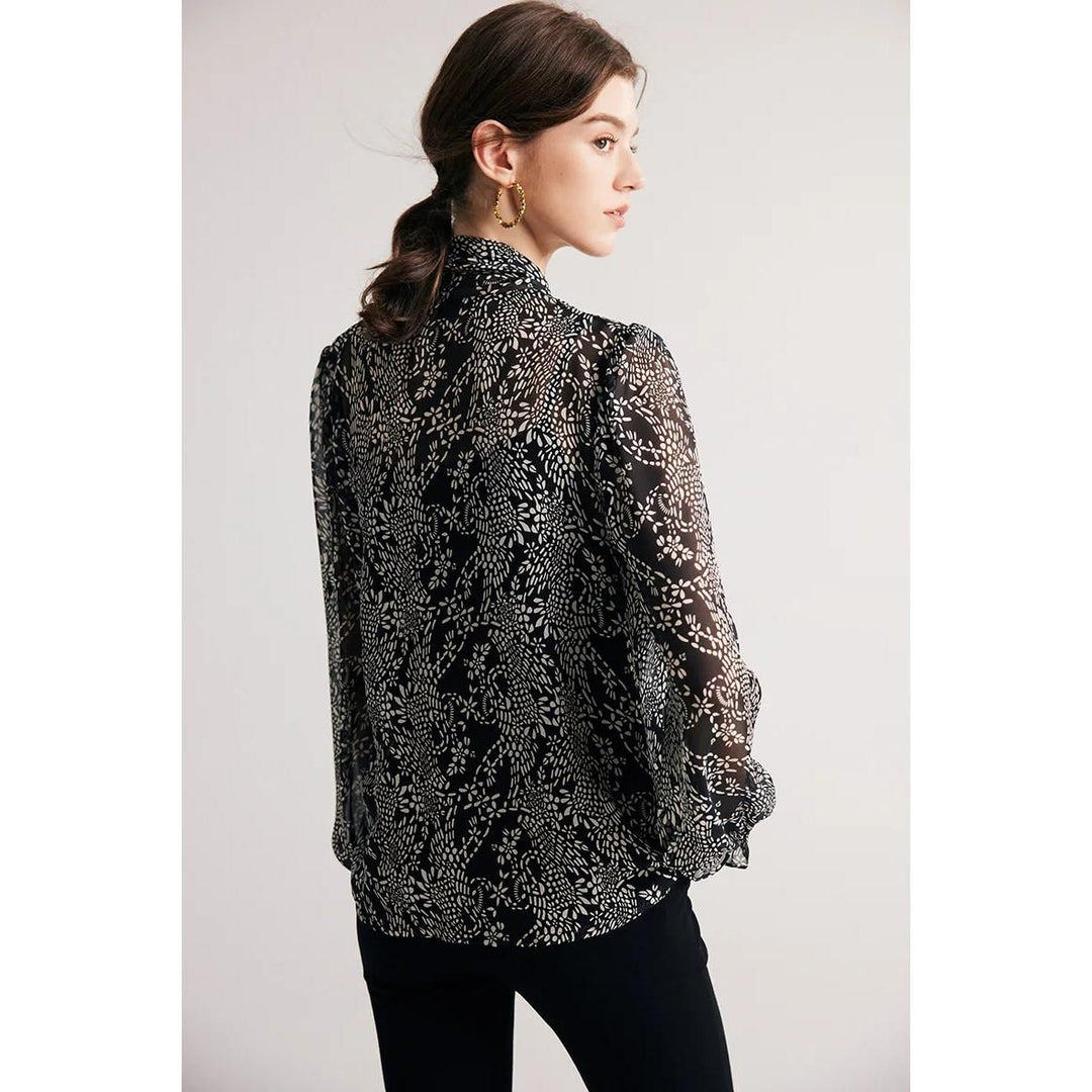 Elegant Black Printed Silk Blouse with Bow Collar