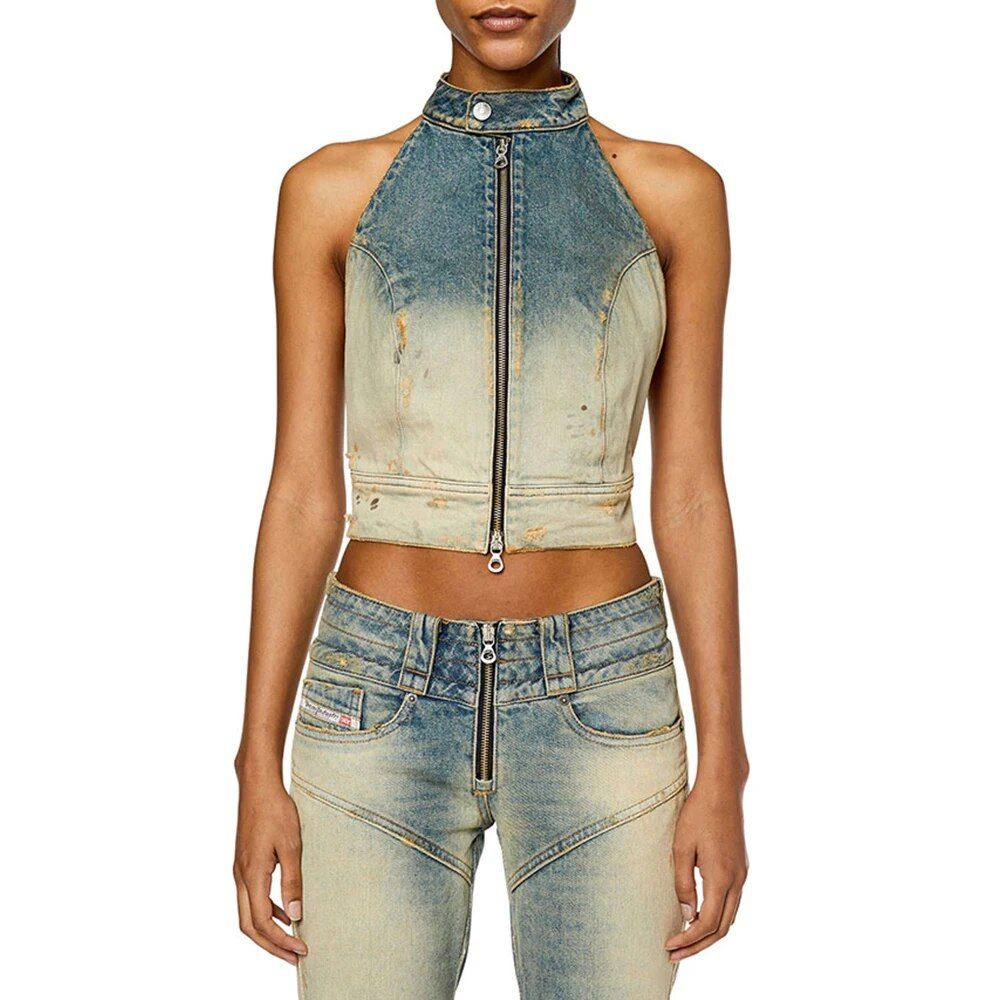 Hit Color Backless Denim Vest