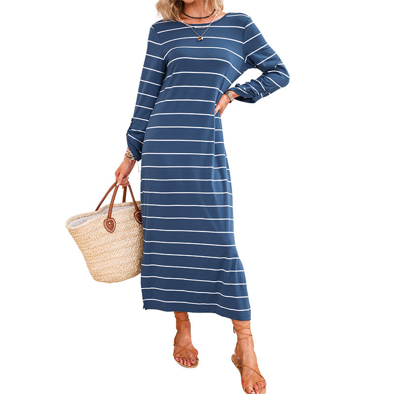 Long Sleeve Striped Printed All-matching Casual Style Pullover Dress