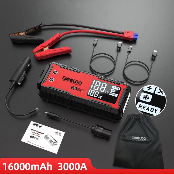 3000A Car Jump Starter Power Bank 59.2Wh - Auto Emergency Battery Booster