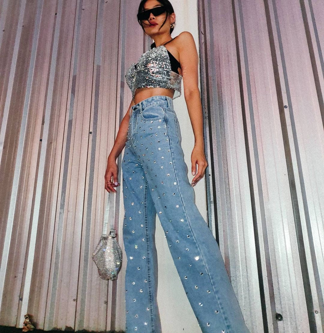 Sky Star Water Diamond Wide Leg Jeans Heavy Industry Hot Drill