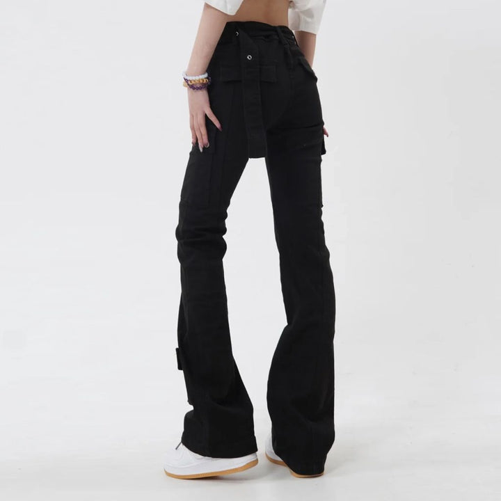 Slim Black Flare Pants: American Style Solid Color Chic Buttons Women's Jeans