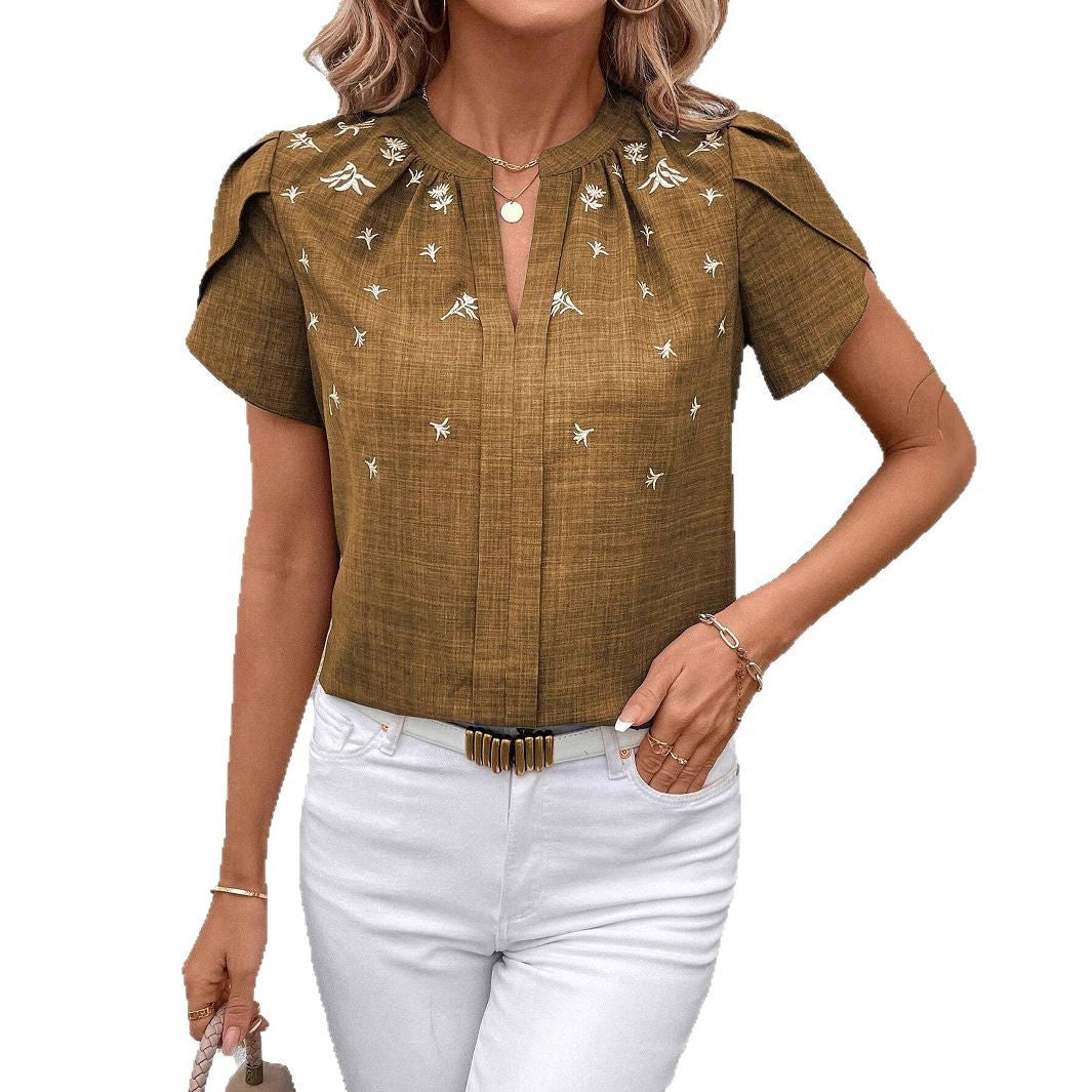 Half-open Collar Short Sleeve Shoulder Creasing Printed Shirt Women's Blouse