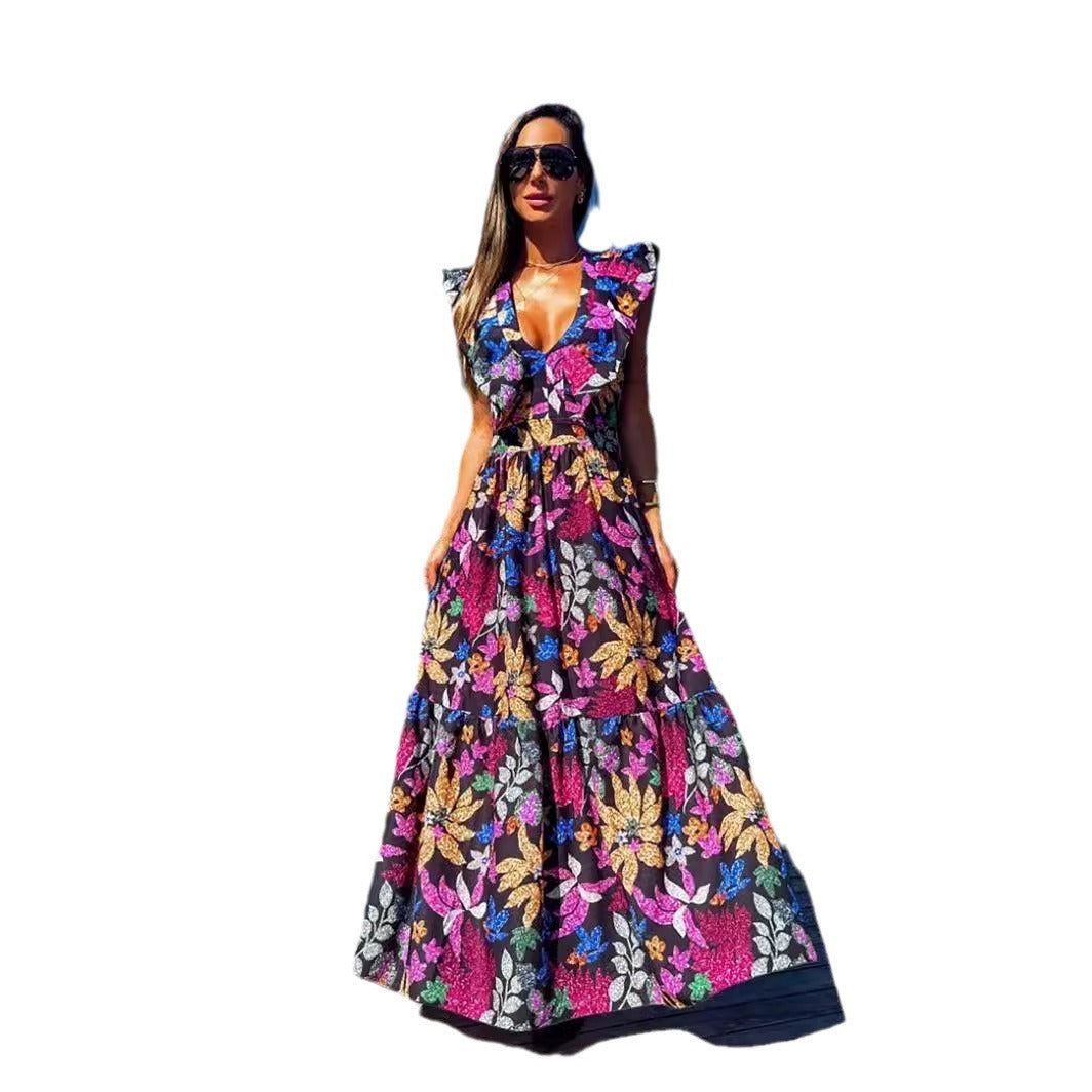 Blue Printed Vacation Style Deep V-neck Sleeveless Women's Long Dress