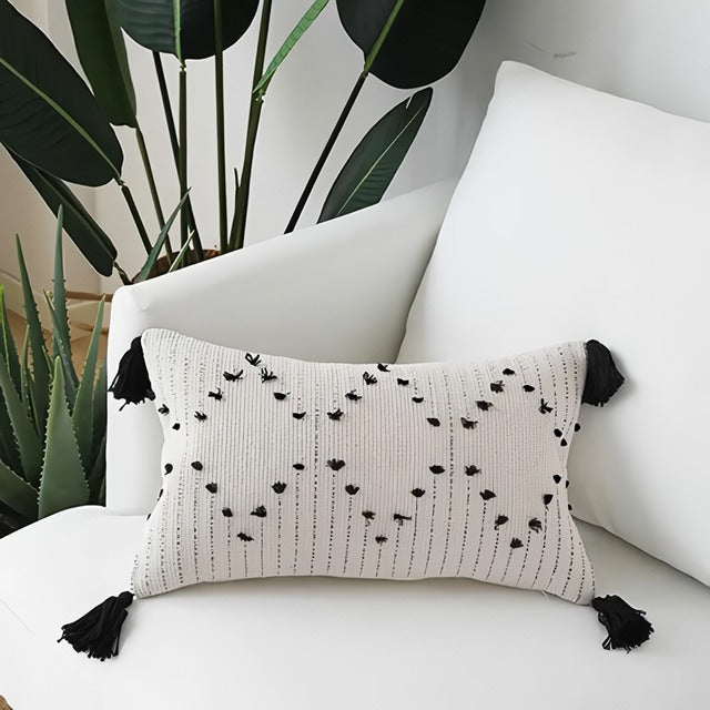 White and Black Geometric Cushion Cover with Tassels