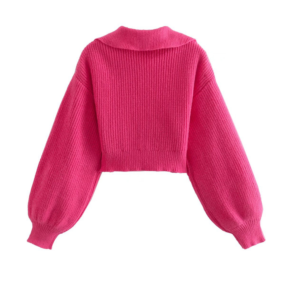 Lapel Lantern Sleeve Short Pullover Knit Sweater