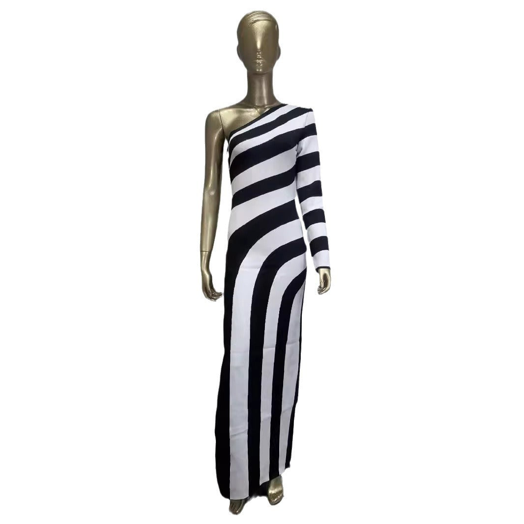 Zebra Stripe Shoulder Long Sleeve Exposed Leg Bandage One-piece Dress