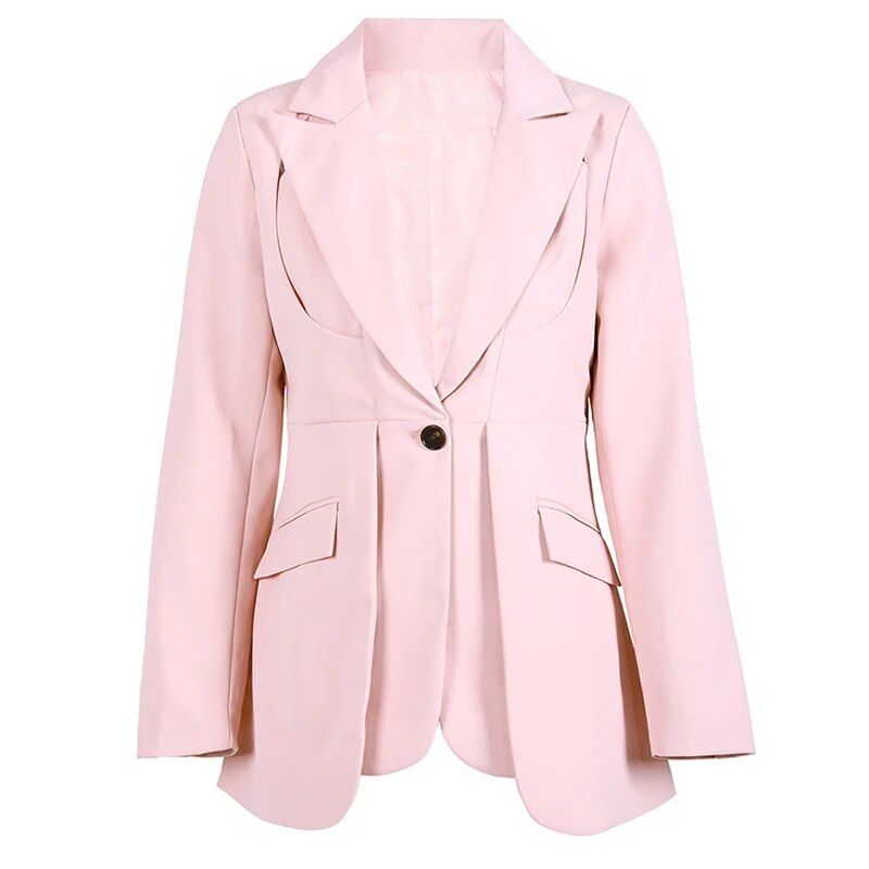 Women's Solid Color Blazer with Notched Collar and Unique Folds