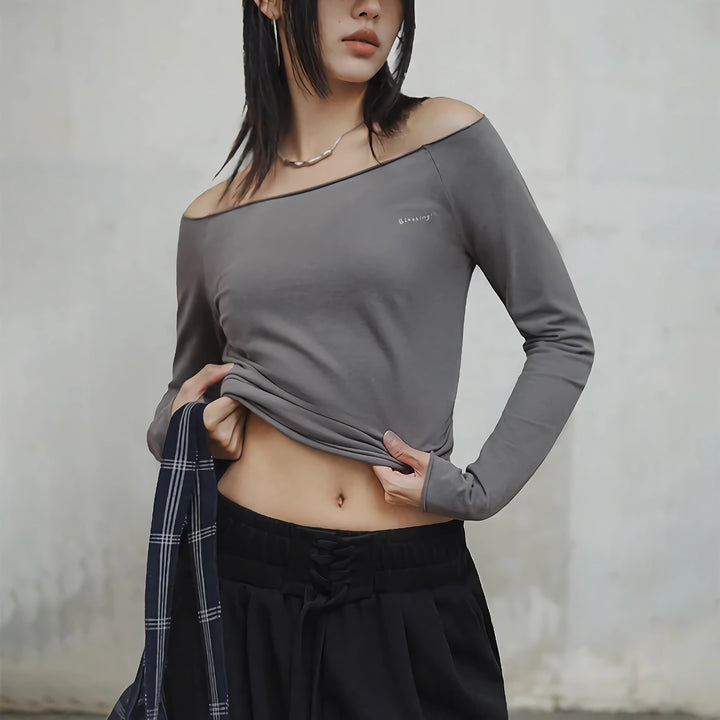 Elegant Slash Neck Long-Sleeved Gray T-Shirt for Women