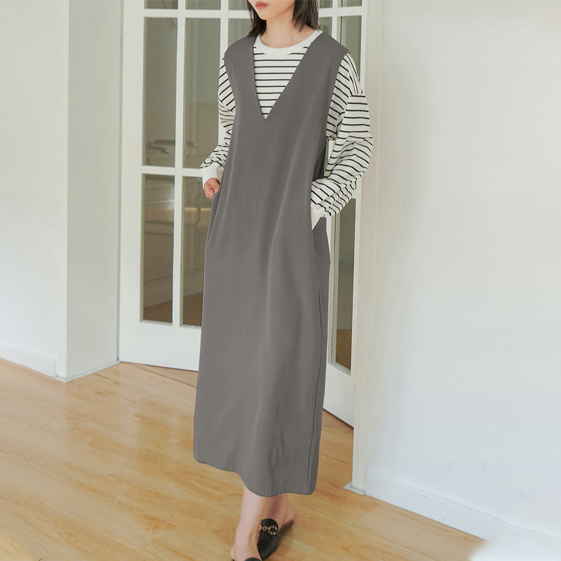 Autumn And Winter Sleeveless V-neck Overknee Long Dress Solid Color