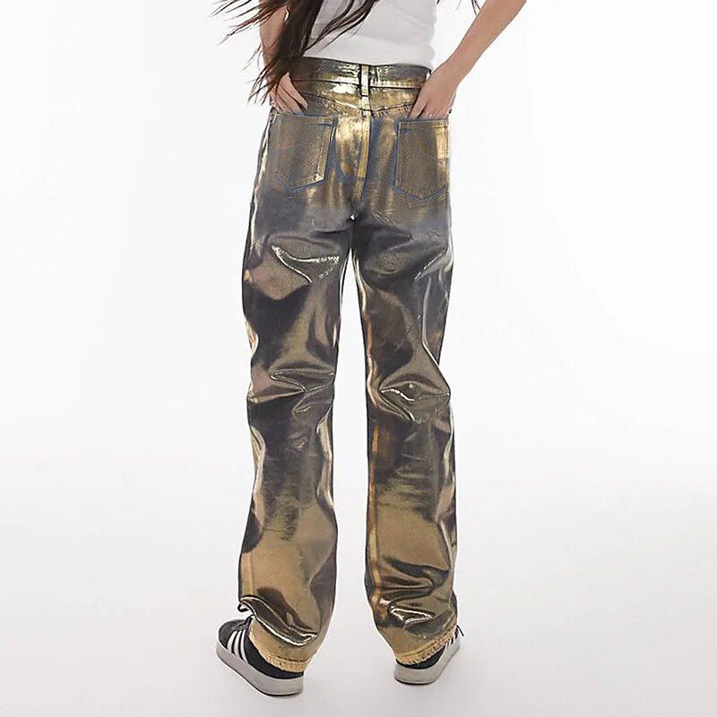 Metallic Gold Silver Straight Leg Jeans