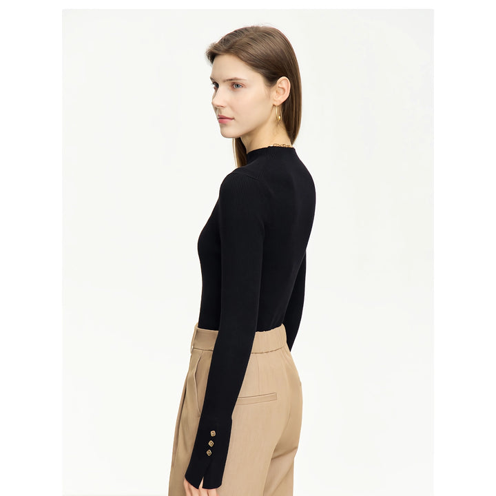 Minimalist Mock Neck Sweater with Slit Cuffs and Metal Buckle for Women