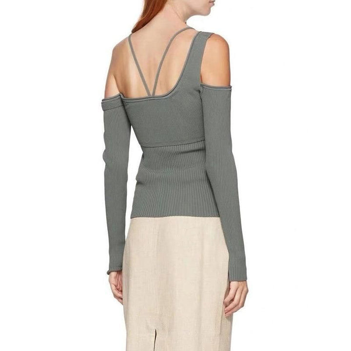 Asymmetrical Full-Sleeve Square Knit Elastic Backless Top