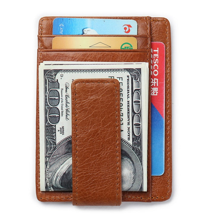 Fashion Men Magnet Money Clip Thin Credit Card Holder Genuine Leather Front RFID Pocket Wallet Blocking