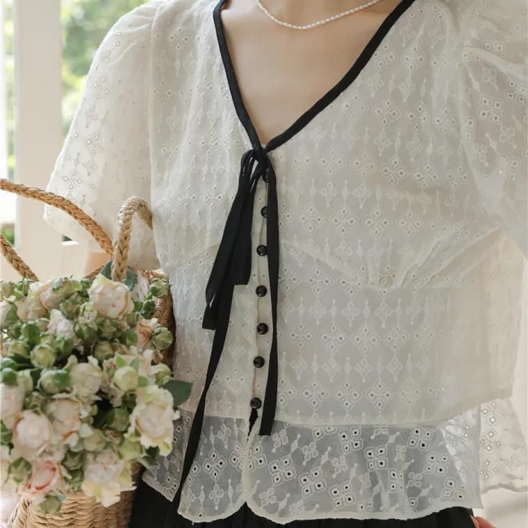 Vintage Lace Puff Sleeve V-Neck Shirt