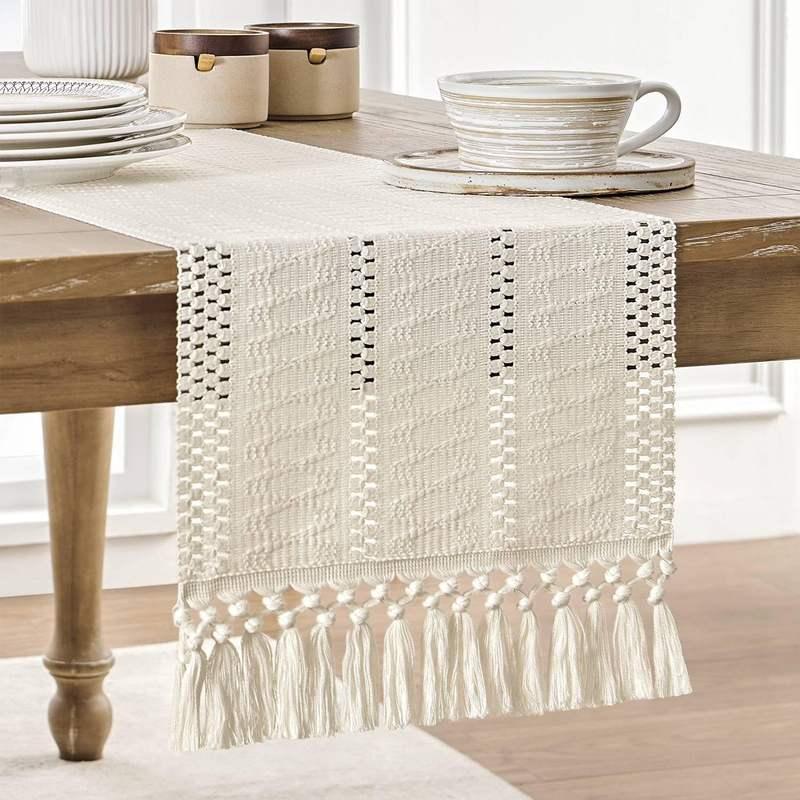 Cotton and Linen Boho Table Runner with Tassels