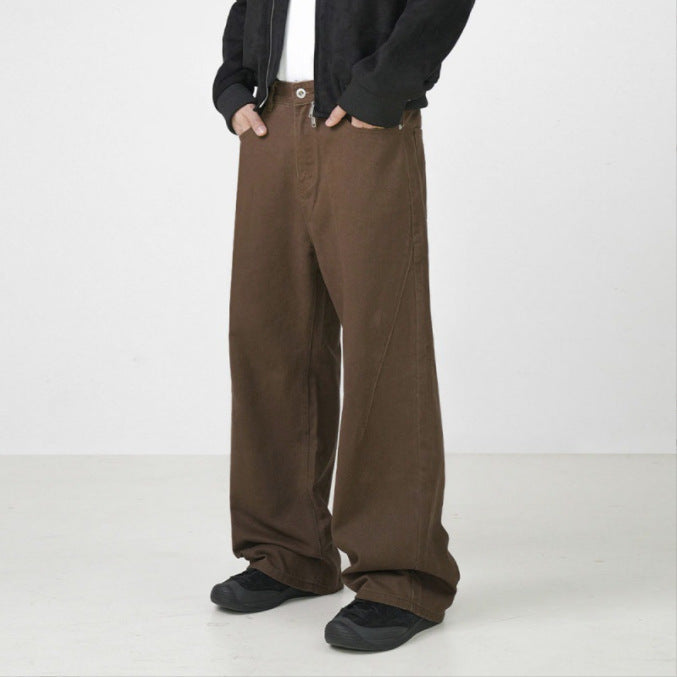 Washed Cotton Retro Brown Straight-leg Trousers