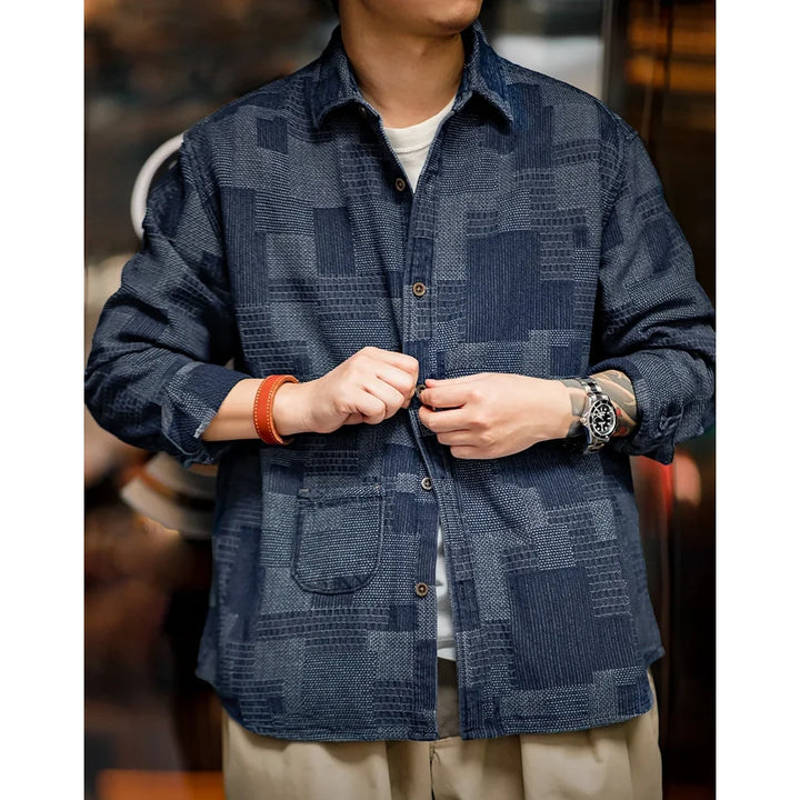 American Retro Jacquard Splicing Denim Shirt