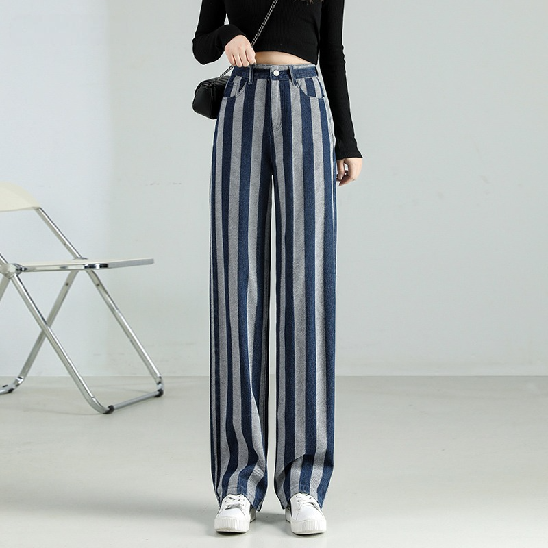 High Waist Vintage Stripe Print Cotton Jeans