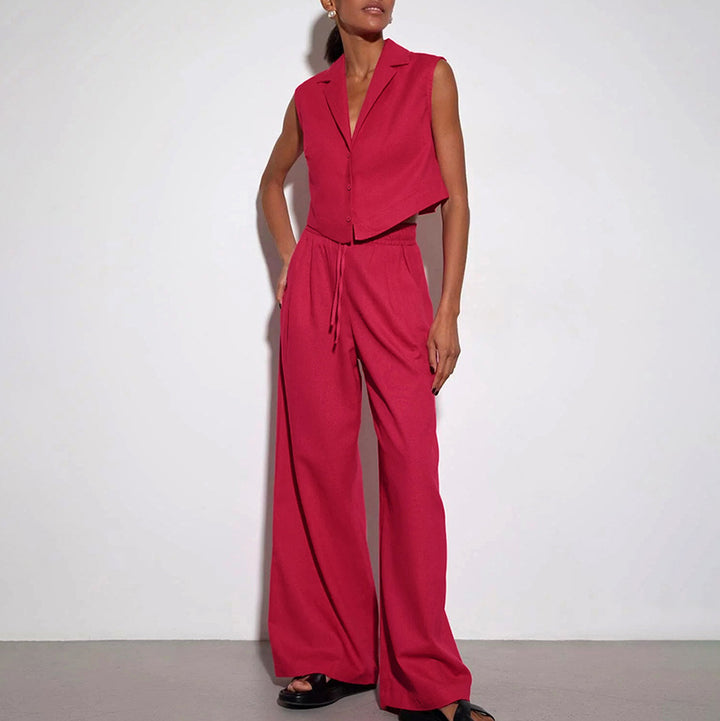 Vest High Waist Wide Leg Pants Suit Solid Color