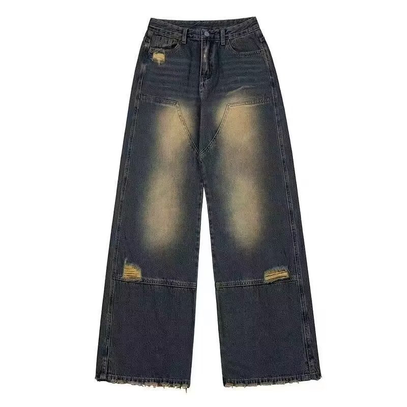 Women's American-style High Street Hip Hop Wide Hole Yellow Mud Dyed Contrast Color Jeans