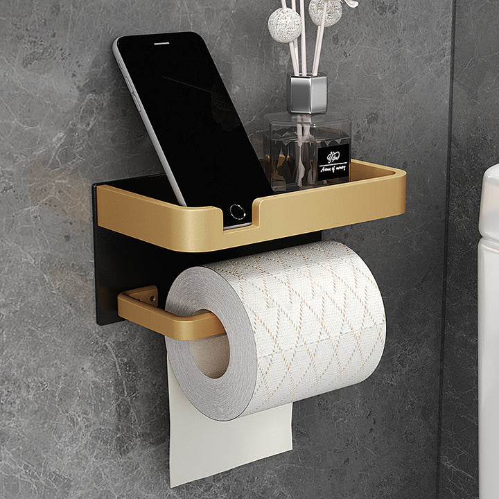 Black & Gold Aluminum Bathroom Paper Holder with Phone Shelf