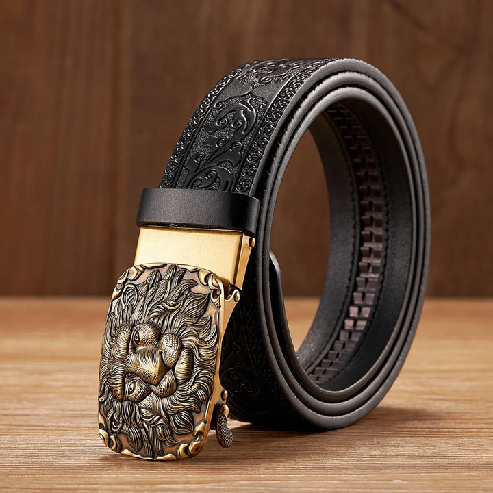 Men's 3.5CM Genuine Leather Belt with Lion Pattern & Automatic Buckle