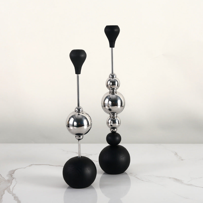 Light Luxury Stainless Steel Candle Table Wooden Ball Metal Candlestick Ornaments