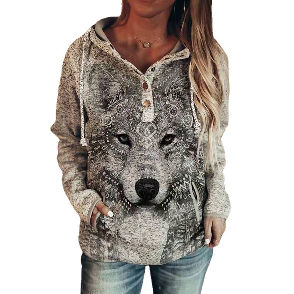 Women's Animal Wolf Print Casual Hoodie