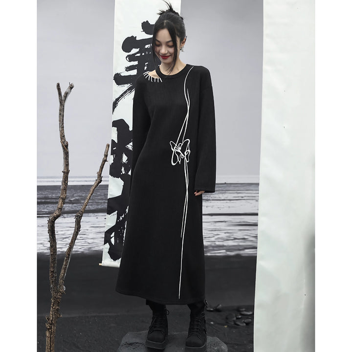 Chic Black Knitted Embroidered Sweater Dress for Women