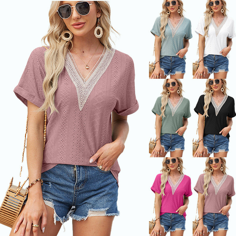 Women's Solid Color And V-neck Fold Sleeve Top