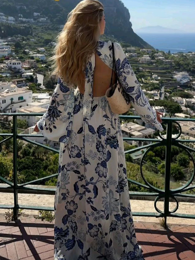 Printed Long-sleeved Backless Maxi Dress