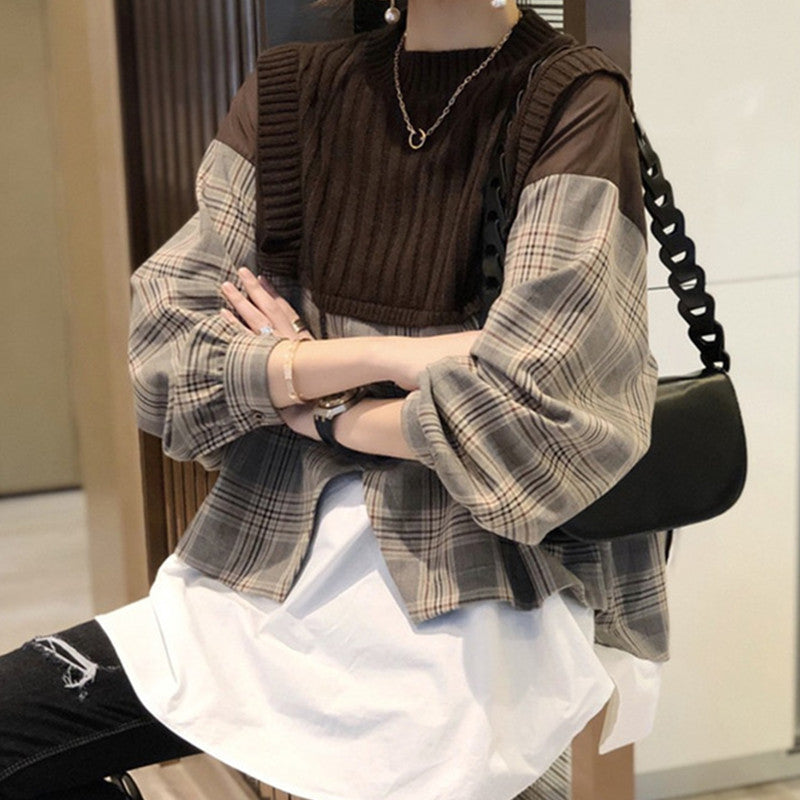 New Loose Shirt Splicing Knitwear Women Fake Two Pieces Western Style Shirt