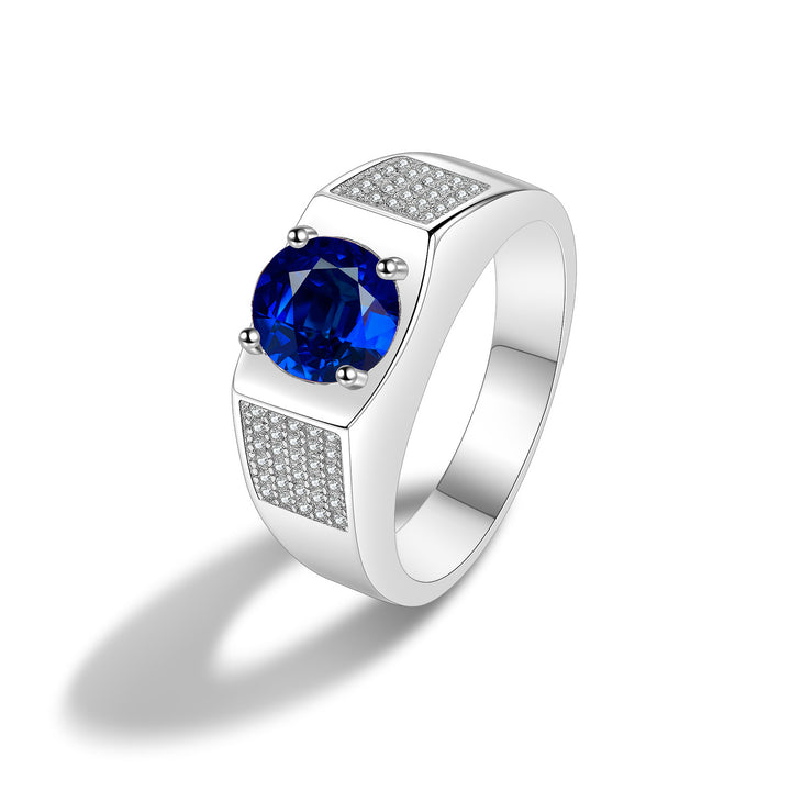 S925 Sterling Silver Personalized Retro Round Sapphire Tightly Embedded Fine Diamond Exquisite Ring