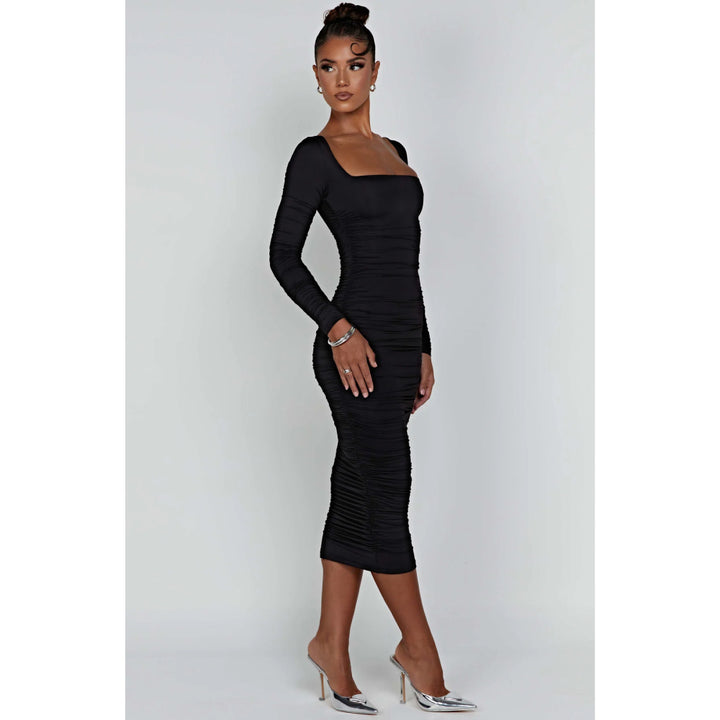 Autumn Winter Long Sleeve Ruched Midi Dress for Women