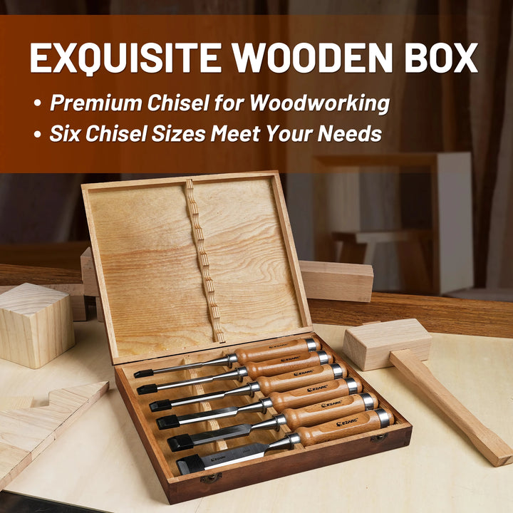 6-Piece Wood Chisel Set with Premium Wooden Case for Woodworking Craftsmen