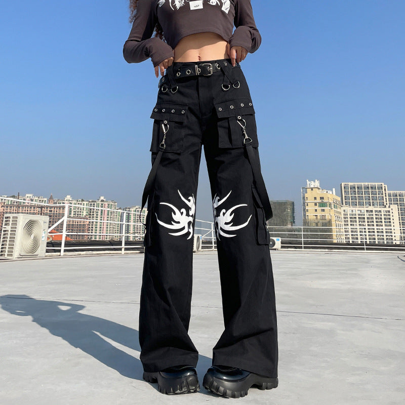 Printed Dark Woven Pants Street Hip-Hop Ribbon Wide-Leg Pants Casual Pocket Trousers