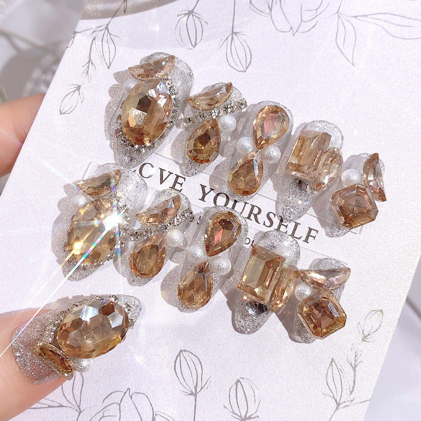 Luxury Glitter Crystal False Nails with Gold Rhinestone Decor