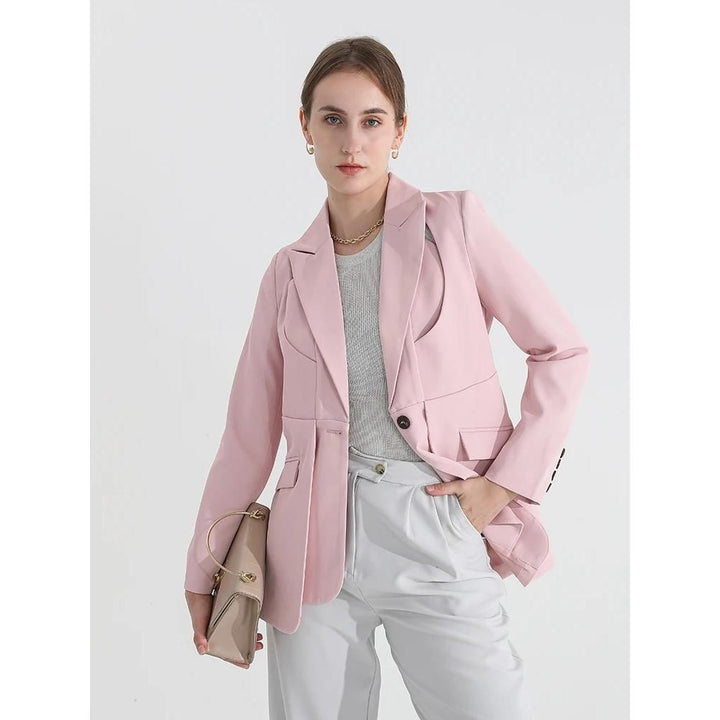 Women's Solid Color Blazer with Notched Collar and Unique Folds