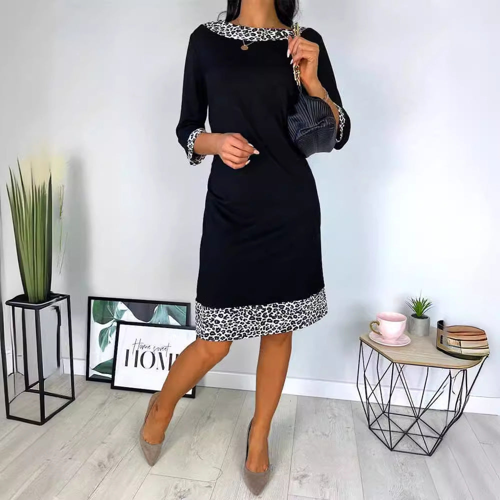 Leopard Print Design Slim Fit Slimming Round Neck 34 Sleeve Casual Dress