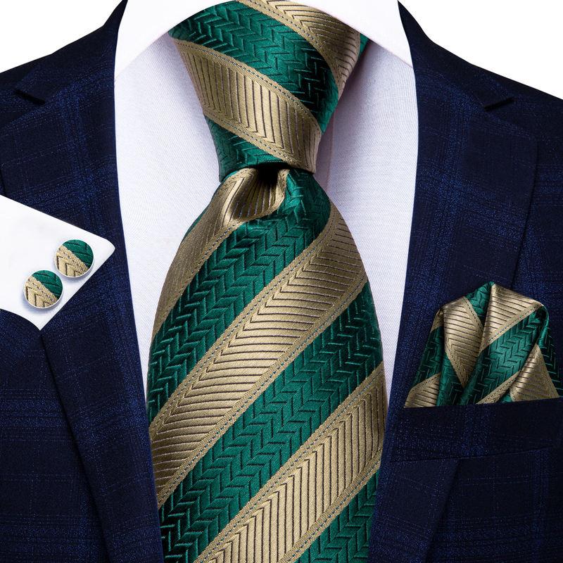 Elegant Green Striped Men's Silk Necktie Set