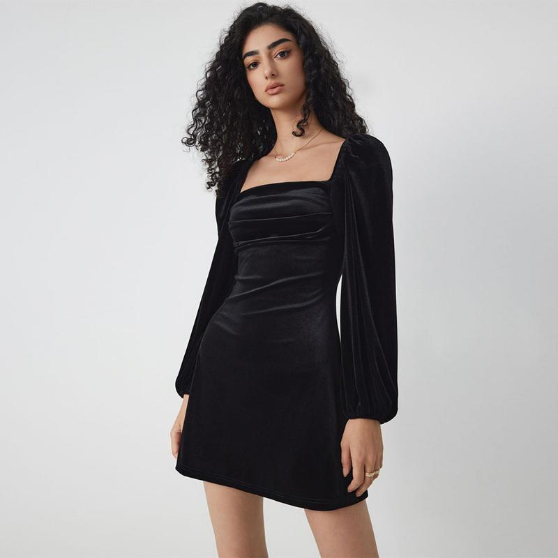 Women's Velvet Square Neck Long Sleeve Slim A-Line Mini Dress